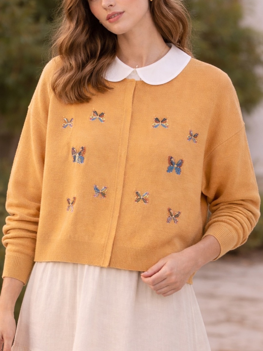 Magnolia Butterfly Embroidered Spring Cardigan Peachy Camel M Cottagecore Boho